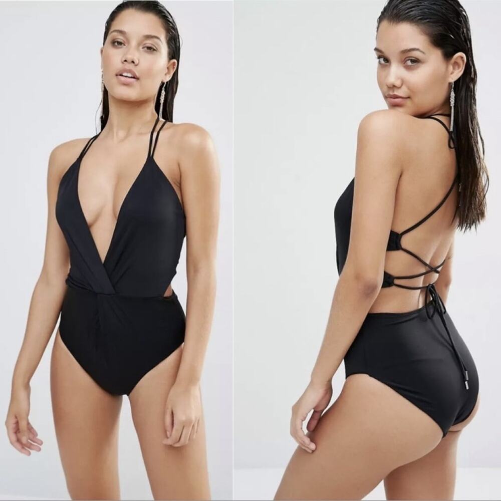 Lavish Alice Black One Piece Strappy Back Plunge Swimsuit